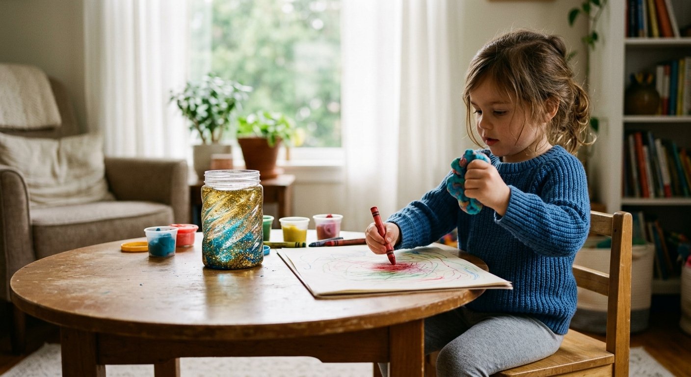 Child squeezing play dough while drawing at a low table.