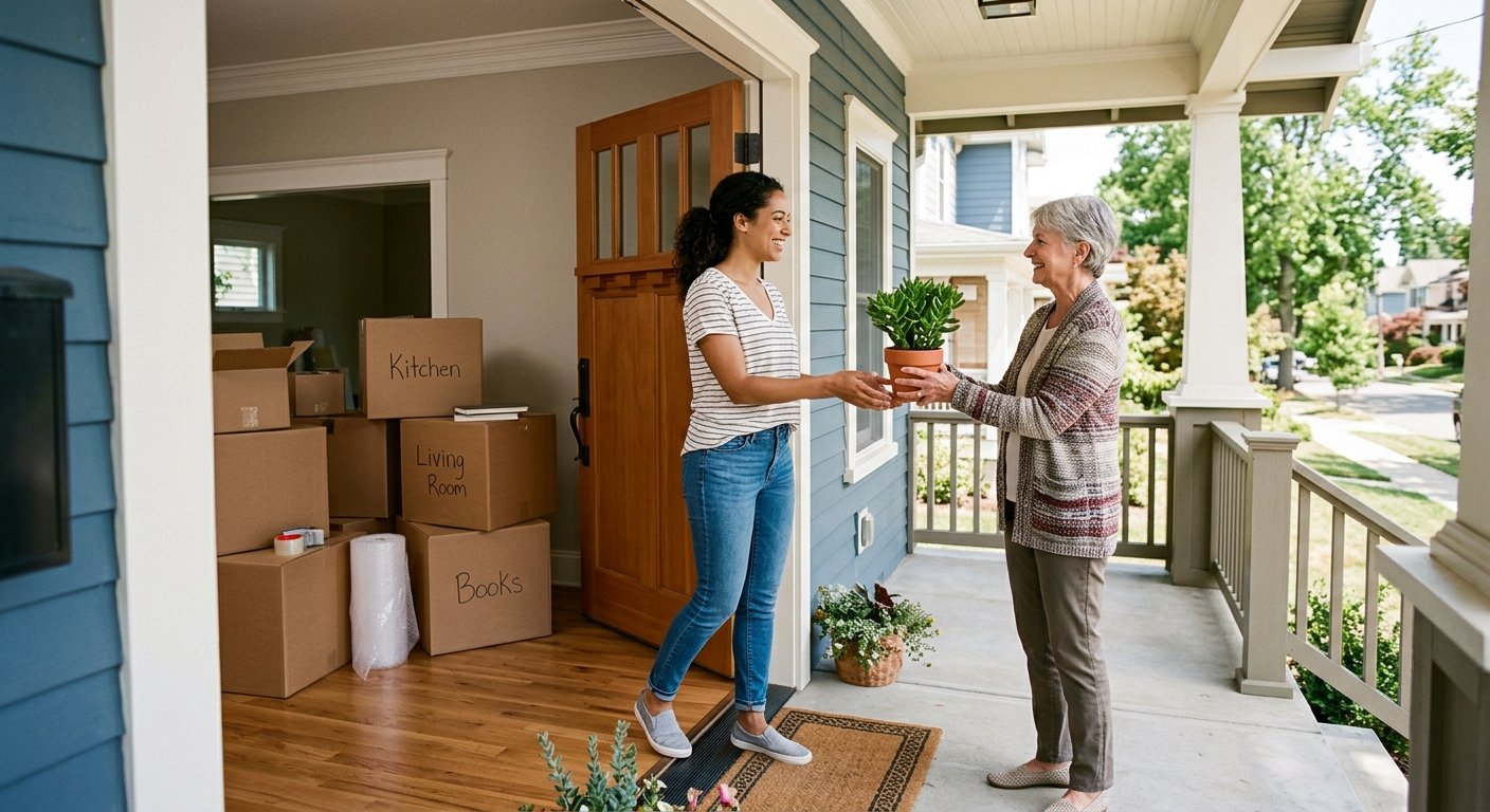 Neighbours greeting each other on a porch with a potted plant.