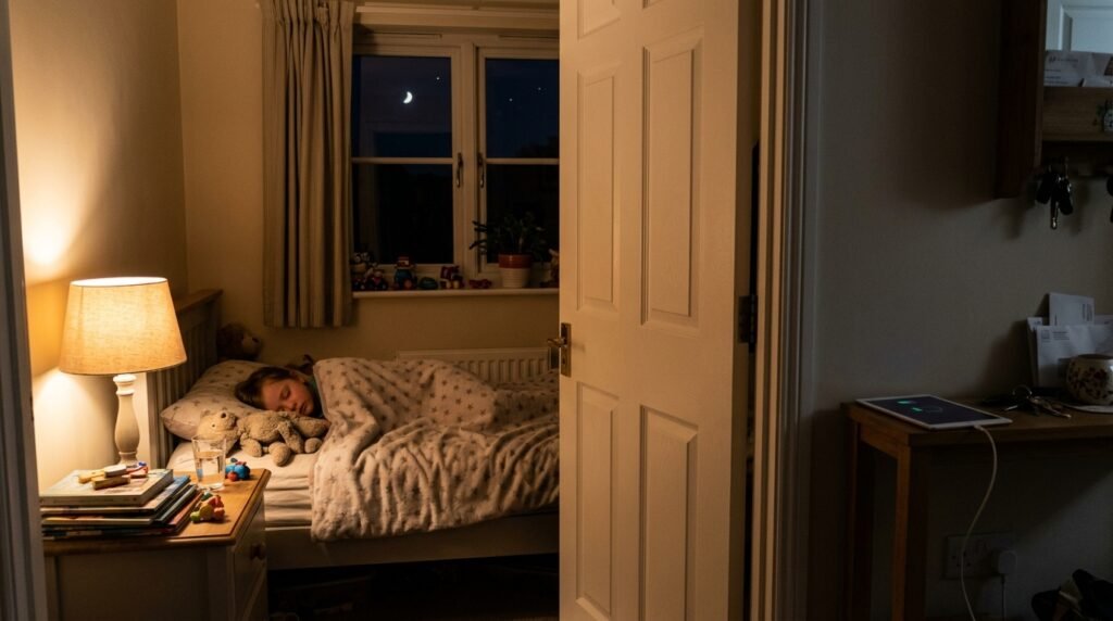 Child sleeping in a bedroom while devices charge outside the open door.