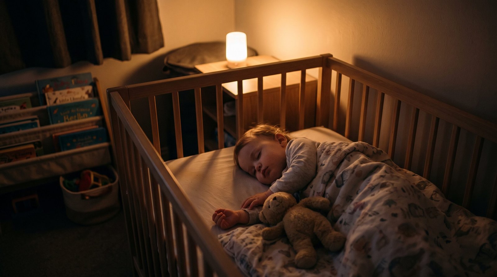 Young child asleep in a wooden bed under warm, dim lighting.