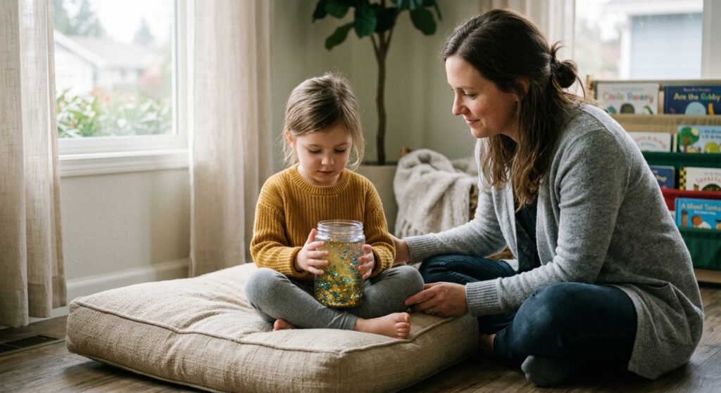 Child watching a glitter jar with a parent sitting beside them on a floor cushion.