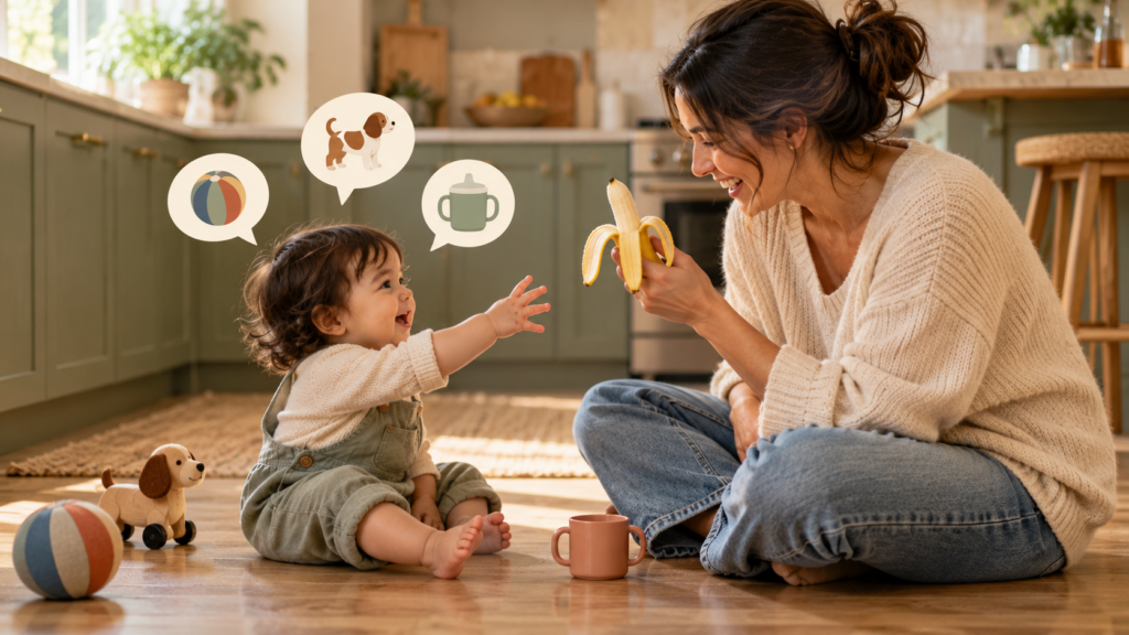 Parent and toddler playing together in a kitchen