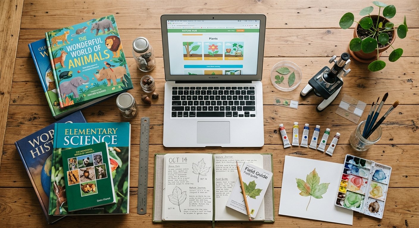 Homeschool books, laptop, science materials and art supplies arranged on a table.