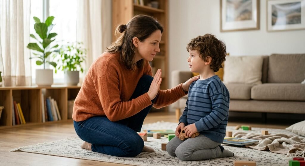 Parent at a child's eye level using a calm stop gesture.