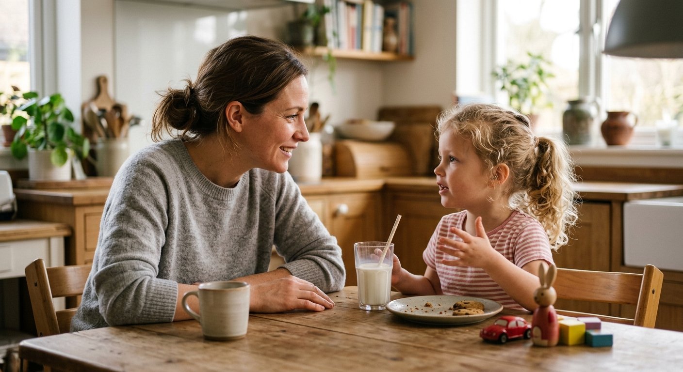Parent listening to a child at the kitchen table.