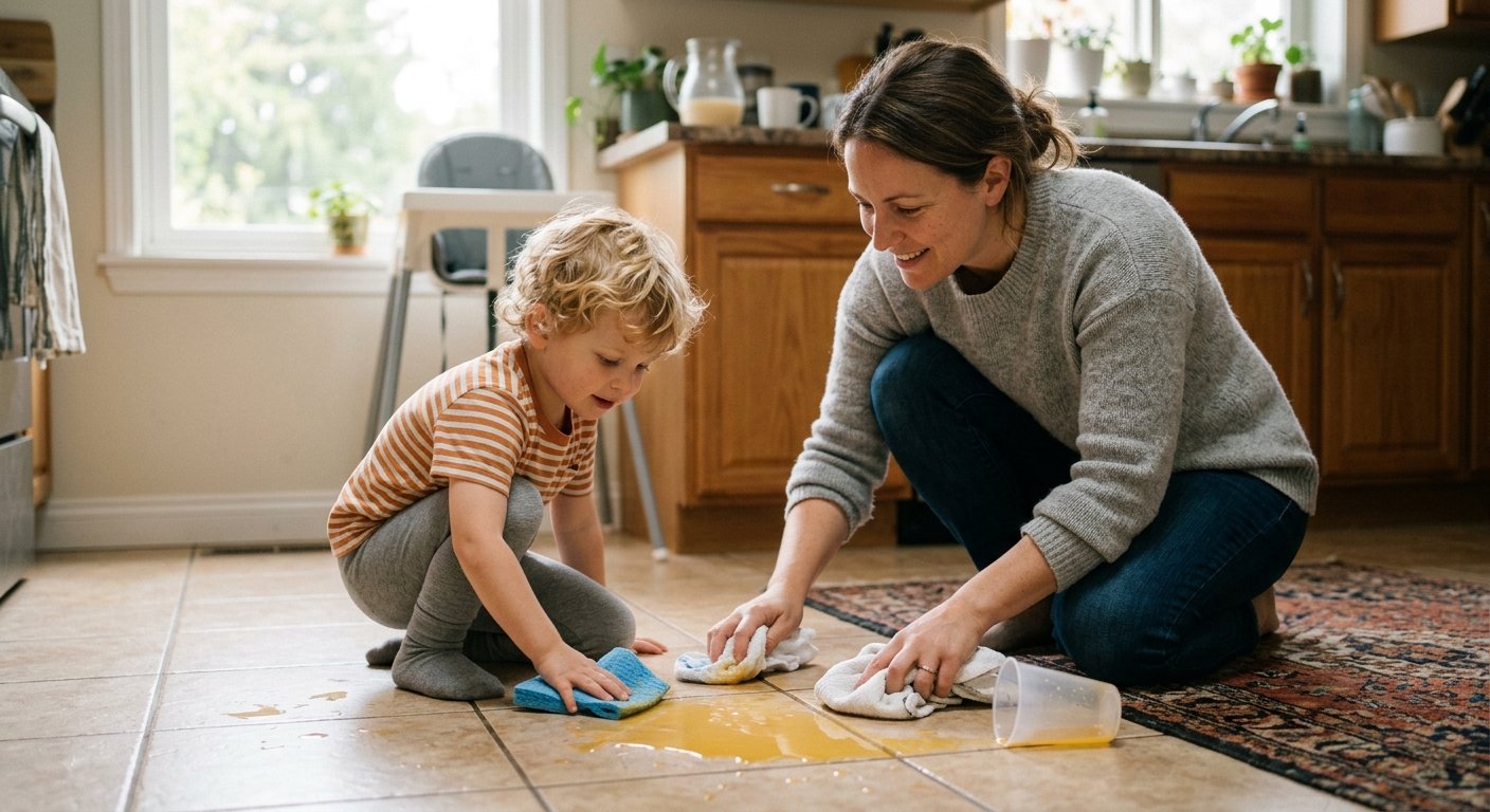 Parent and child wiping a spill from the kitchen floor together.
