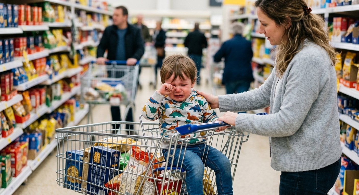 Tired toddler crying in a shopping trolley while a parent offers comfort.