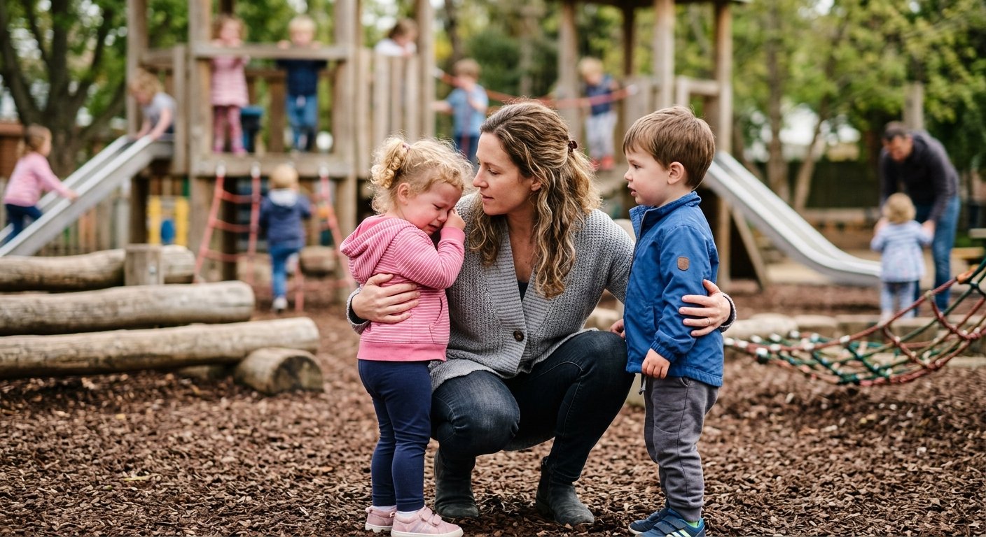 Parent comforting two young children during a playground disagreement.