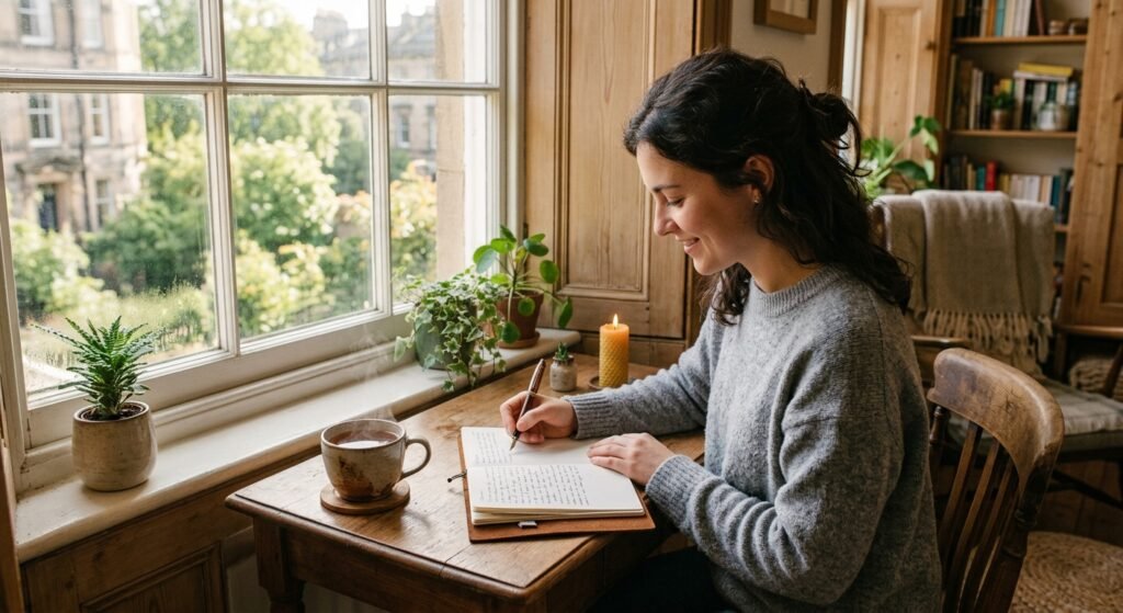 Woman writing in a notebook beside a bright window and houseplants.