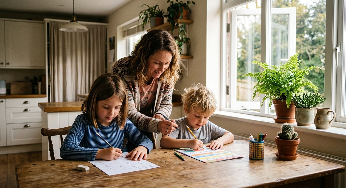 Parent helping two children with worksheets at a kitchen table.