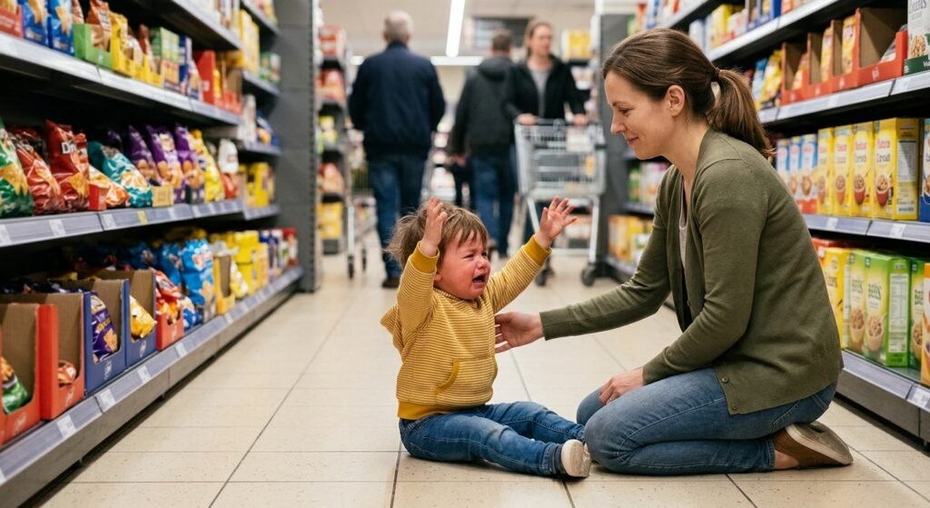 Parent kneeling beside a crying toddler in a grocery aisle.