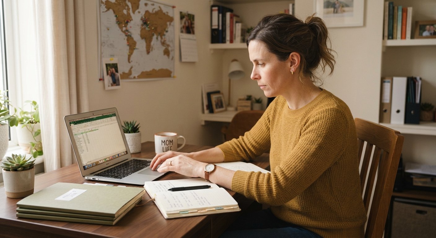 Parent planning homeschool lessons with a laptop and open notebook.