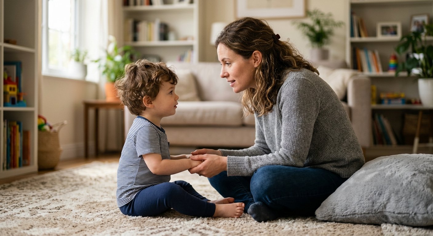 Parent kneeling at a toddler's eye level and gently holding their hands.