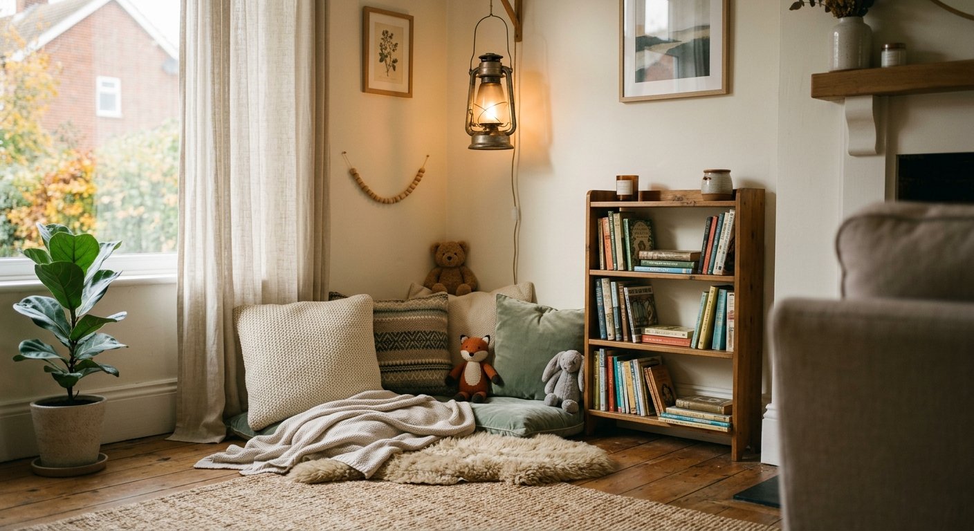 Calm-down corner with cushions, books, soft toys and warm lighting.