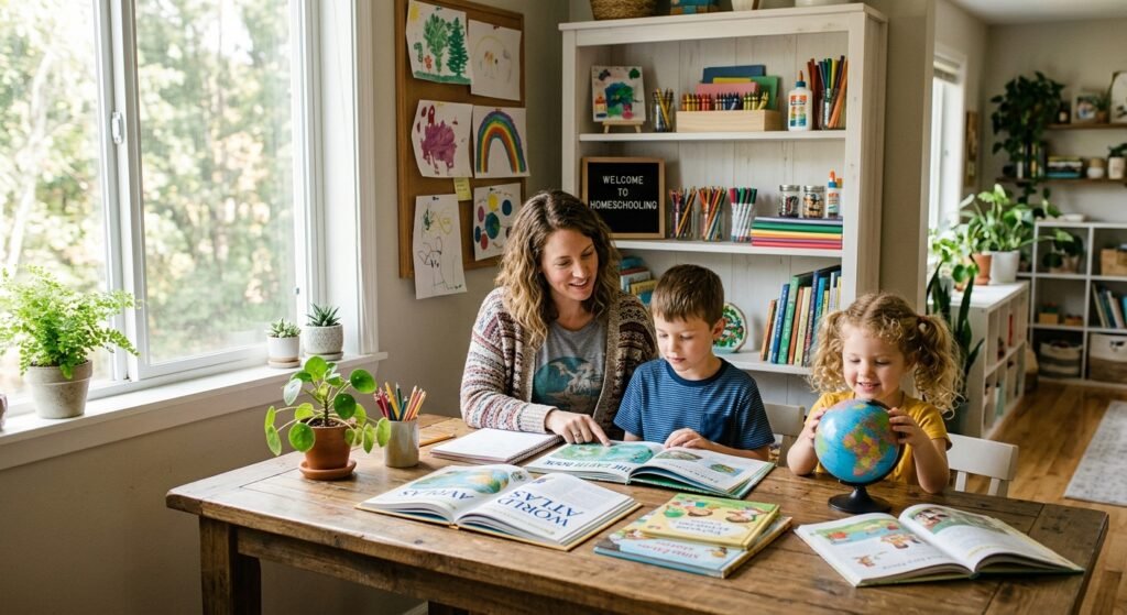 Parent and two children reading together in a home learning space.