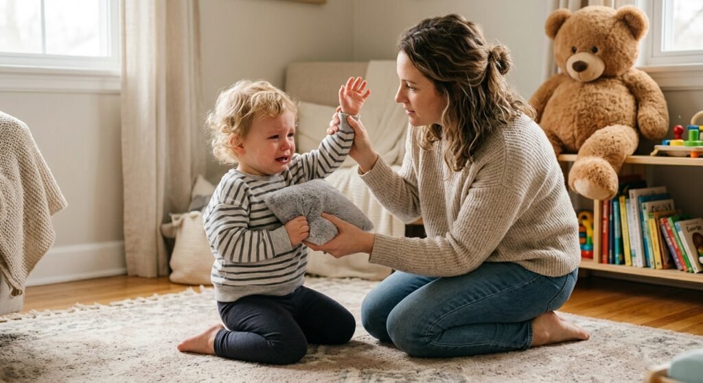 Parent blocking a toddler's raised hand beside a soft cushion.