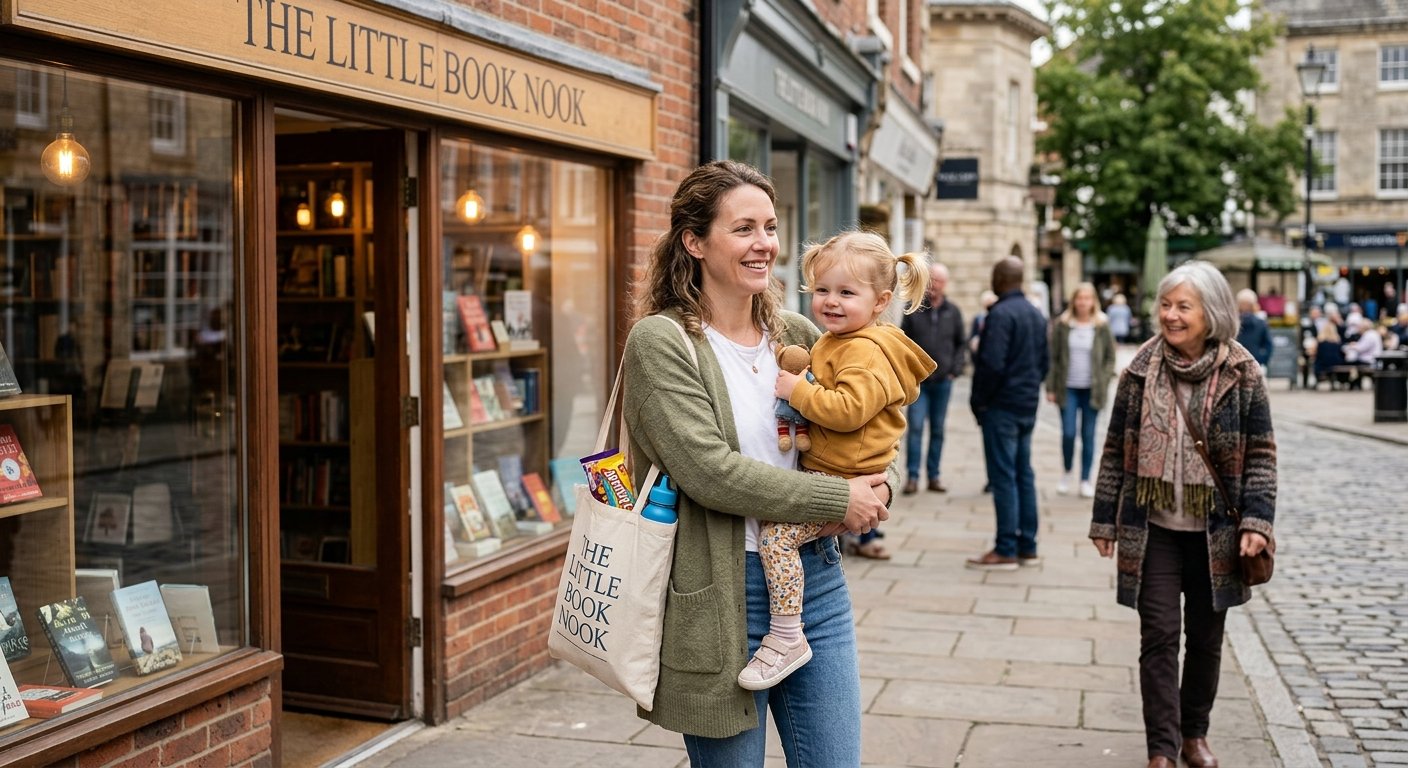 Parent carrying an upset toddler out of a shop.