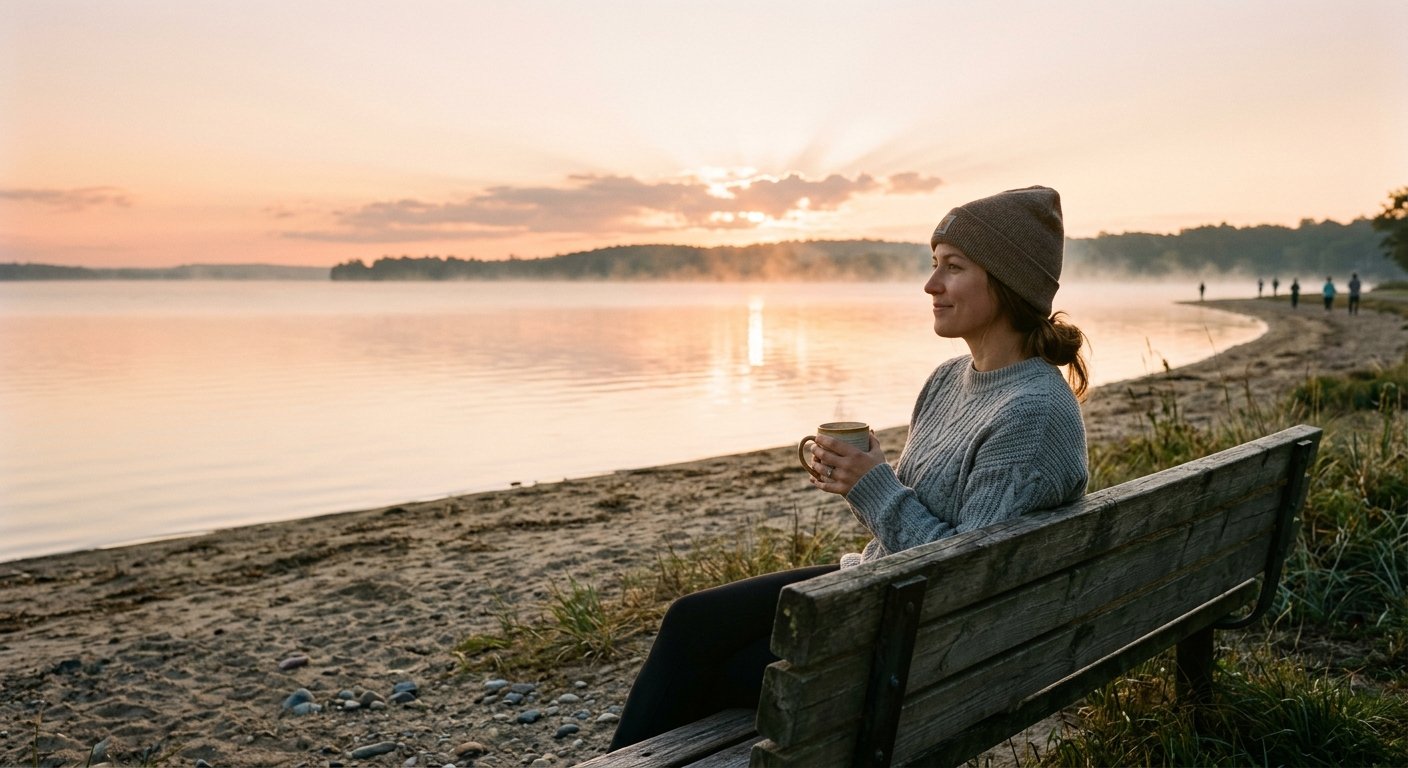Woman sitting alone on a lakeside bench holding a mug at sunrise.