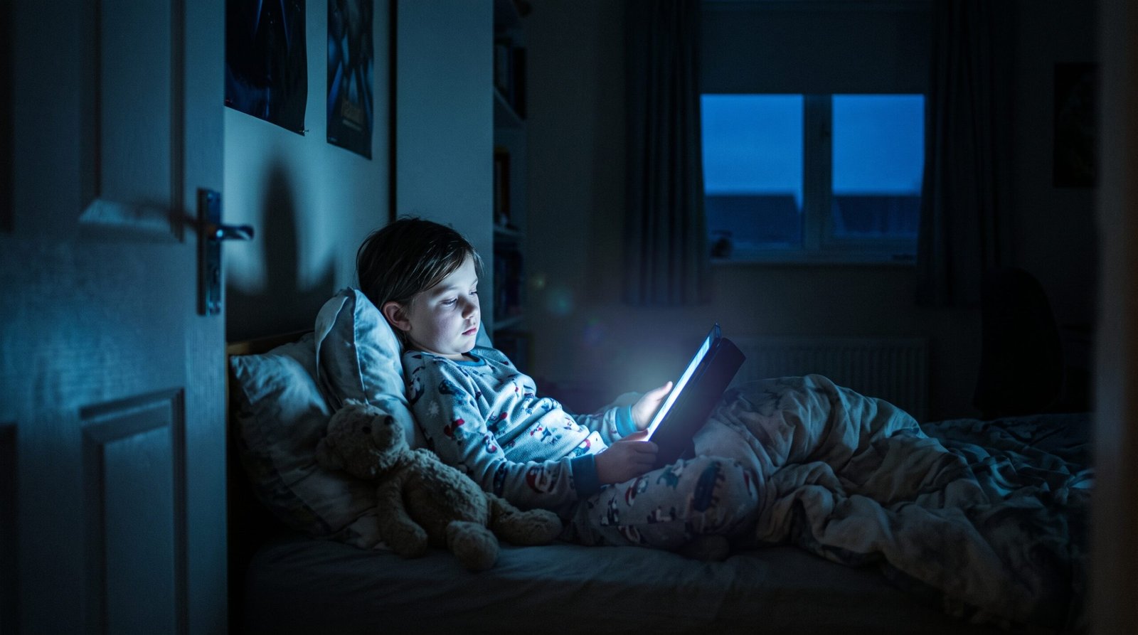 Child sitting in bed at night looking at a brightly lit tablet.