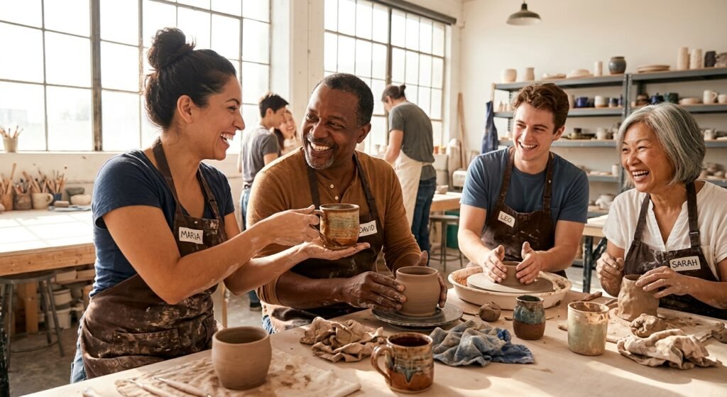 Four adults talking and smiling around a table during a pottery class.