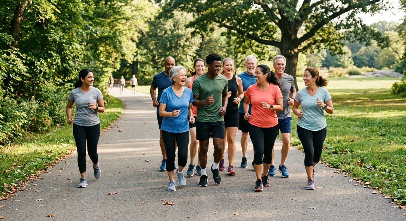 Group of adults jogging together on a park path.