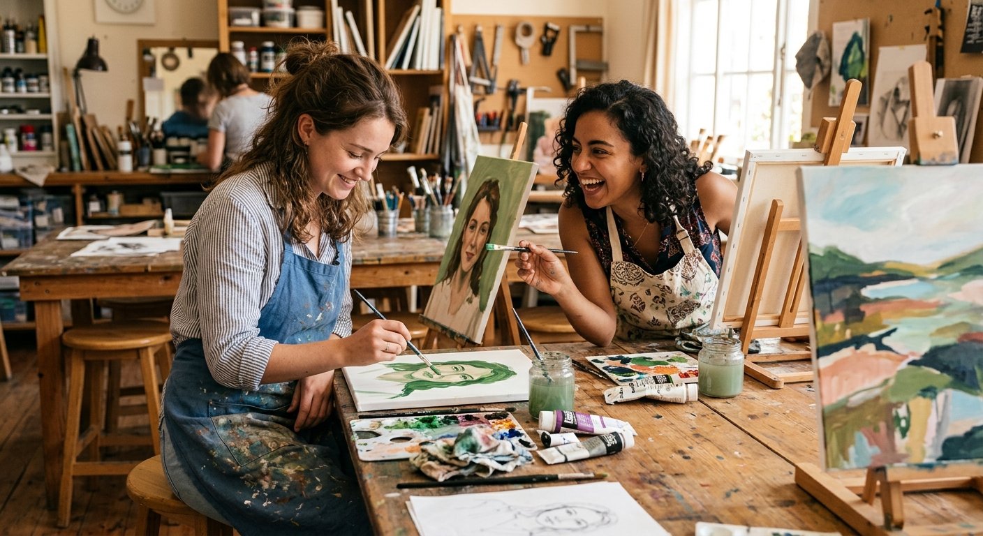 Two adults talking while working on art in a shared studio.