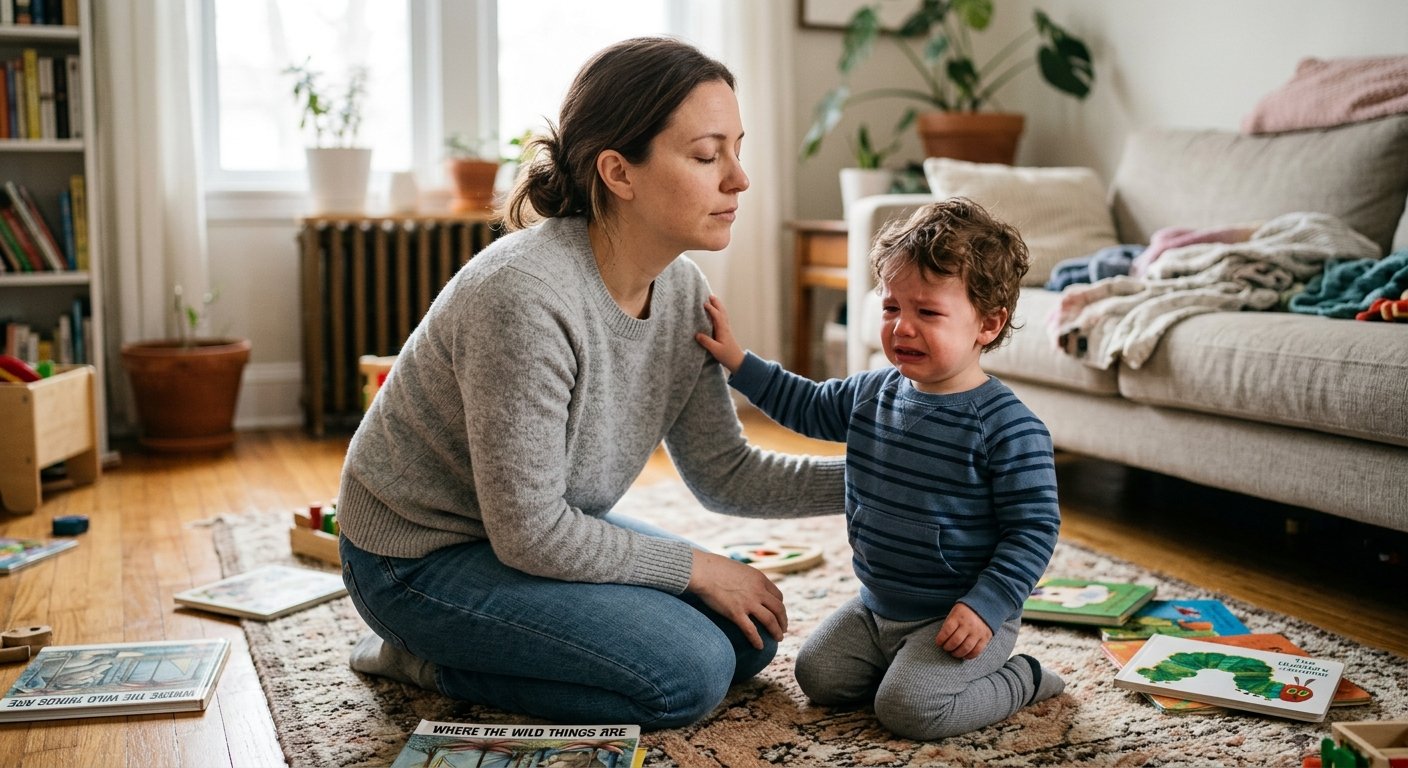Parent pausing beside a crying toddler on a living room floor.
