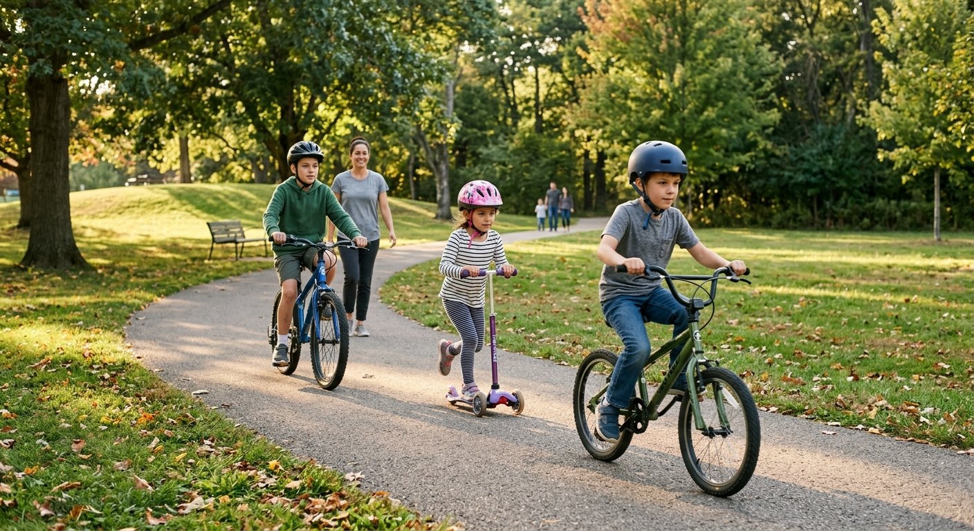 Children wearing helmets riding bicycles and a scooter in a park.