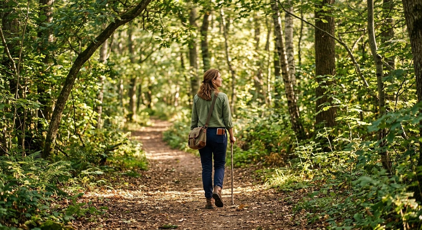 Person walking alone along a sunlit forest path.