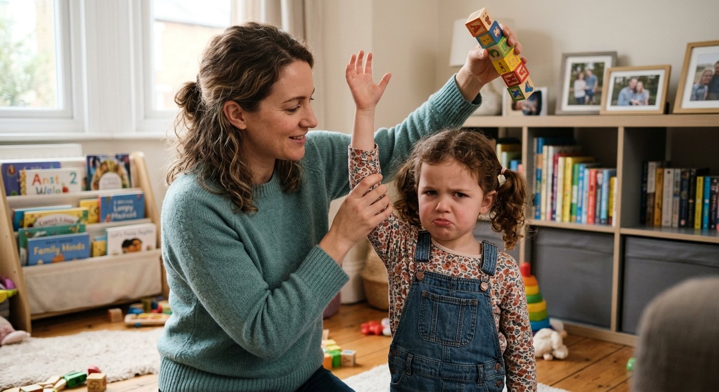 Parent holding a toy above an upset child while maintaining a boundary.