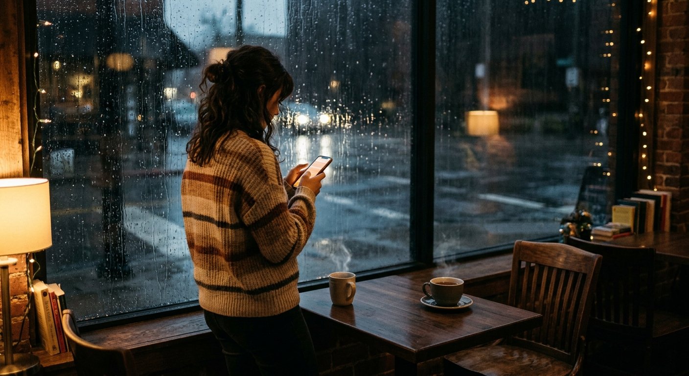Woman looking at her phone beside a rain-streaked cafe window.
