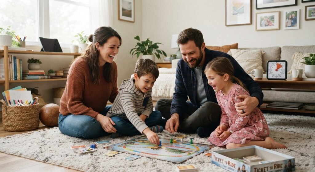 Parents and two children playing a board game together on a living room rug.