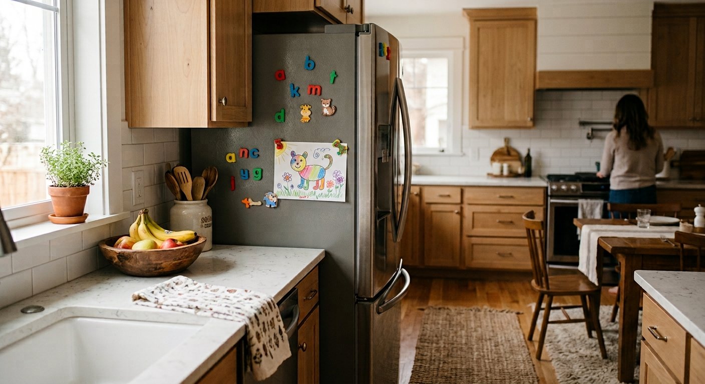 Kitchen refrigerator displaying children's artwork beside a family dining area.