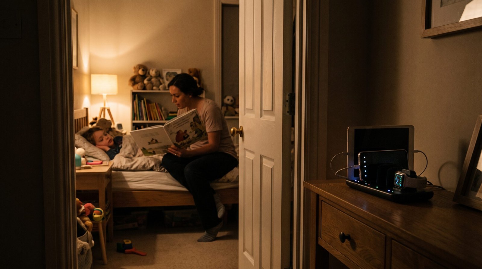 Parent reading to a child at bedtime while devices charge in the hallway.