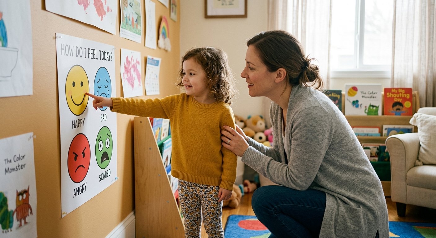 Child pointing to a feelings chart while a parent listens.