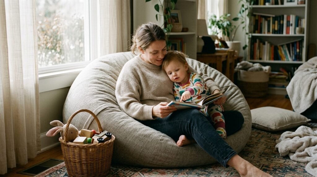 Parent and toddler reading a picture book together