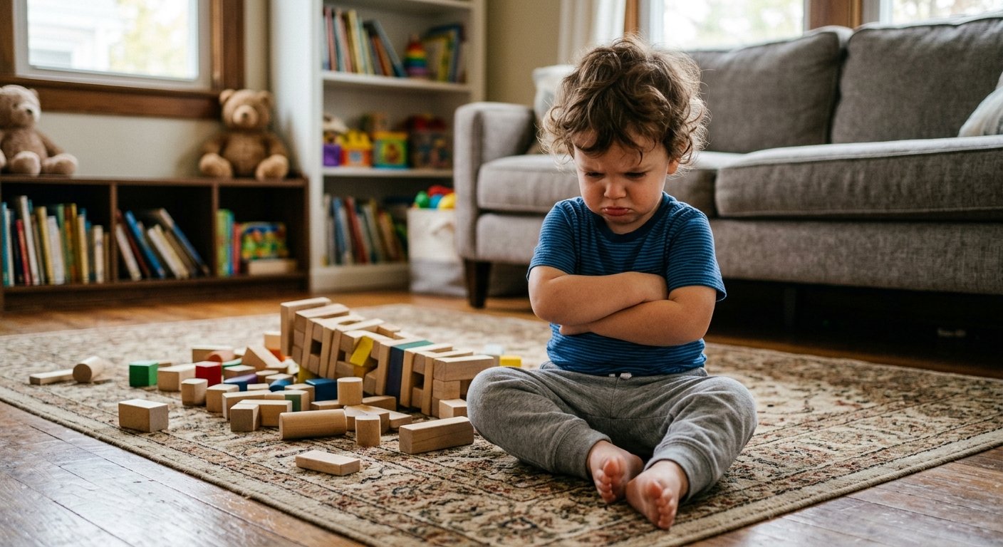 Upset toddler sitting beside fallen wooden blocks.